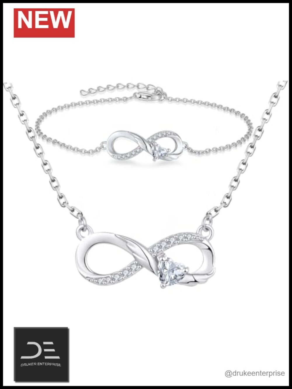 925 Sterling Silver Infinity Heart Necklace Bracelet Set White Gold Plated
